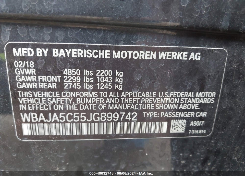 2018 BMW 530I VIN: WBAJA5C55JG899742