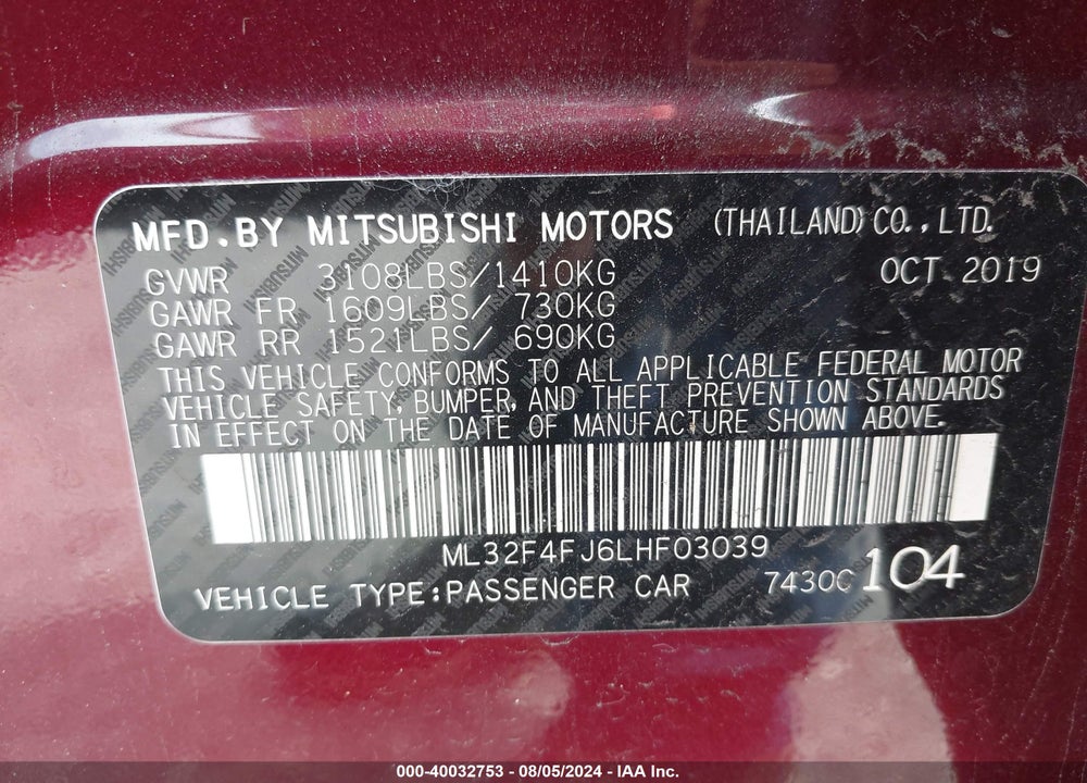 2020 MITSUBISHI MIRAGE G4 LE VIN: ML32F4FJ6LHF03039