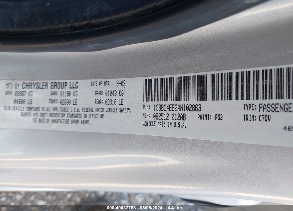2010 CHRYSLER SEBRING LX VIN: 1C3BC4EB2AN102863