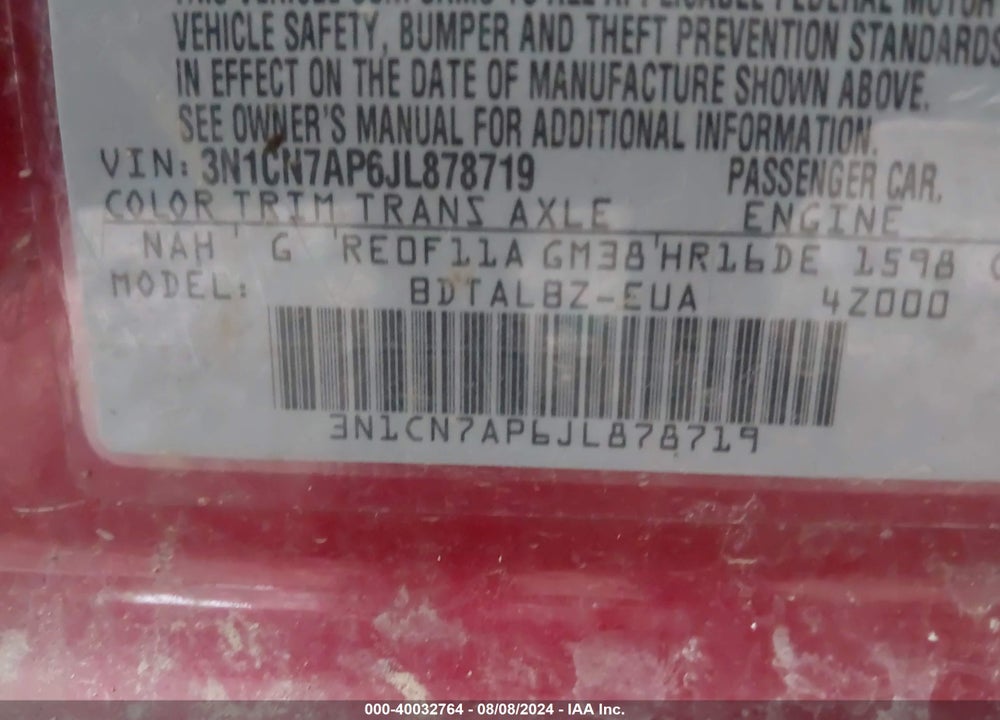 2018 NISSAN VERSA VIN: 3N1CN7AP6JL878719