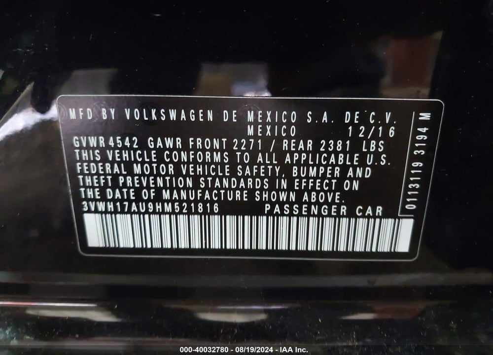 2017 VOLKSWAGEN GOLF ALLTRACK TSI S/TSI SE/TSI SEL VIN: 3VWH17AU9HM521816