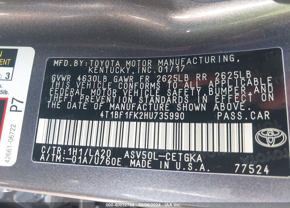 2017 TOYOTA CAMRY XLE VIN: 4T1BF1FK2HU735990