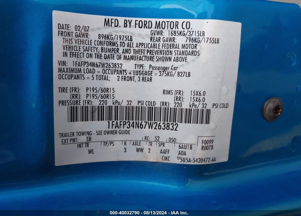 2007 FORD FOCUS S/SE/SES VIN: 1FAFP34N67W263832