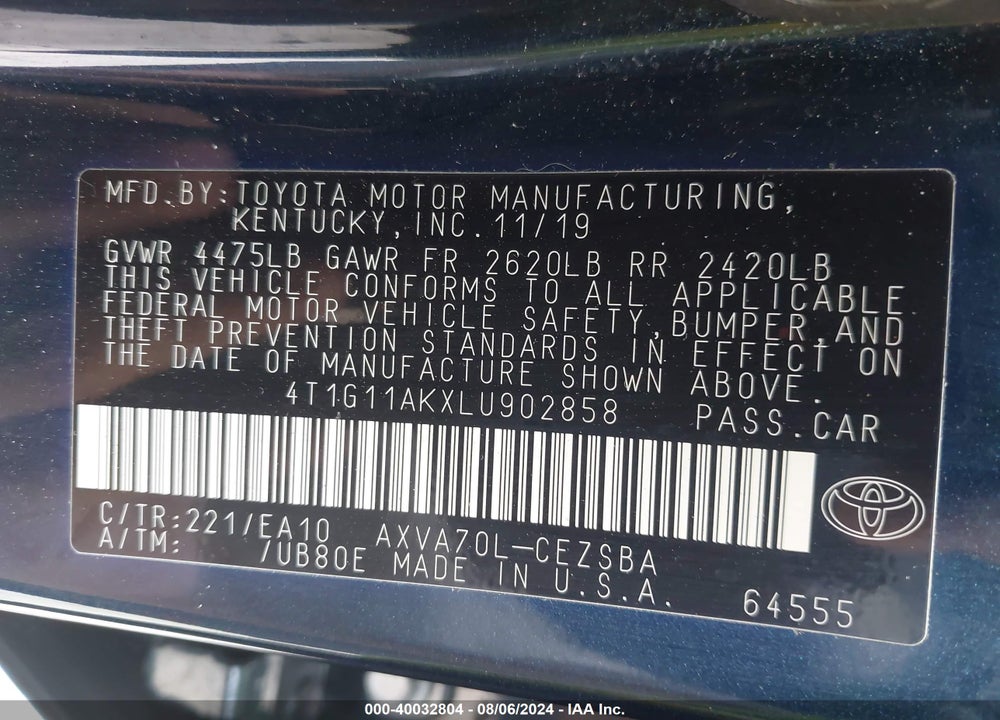 2020 TOYOTA CAMRY SE VIN: 4T1G11AKXLU902858