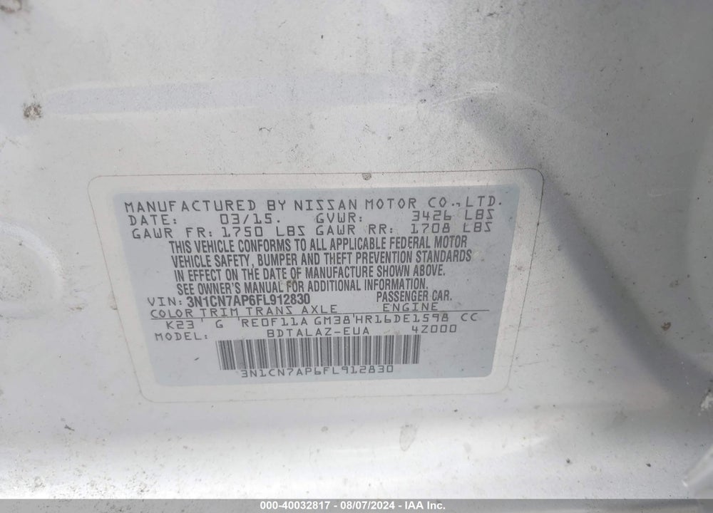 2015 NISSAN VERSA 1.6 S+ VIN: 3N1CN7AP6FL912830