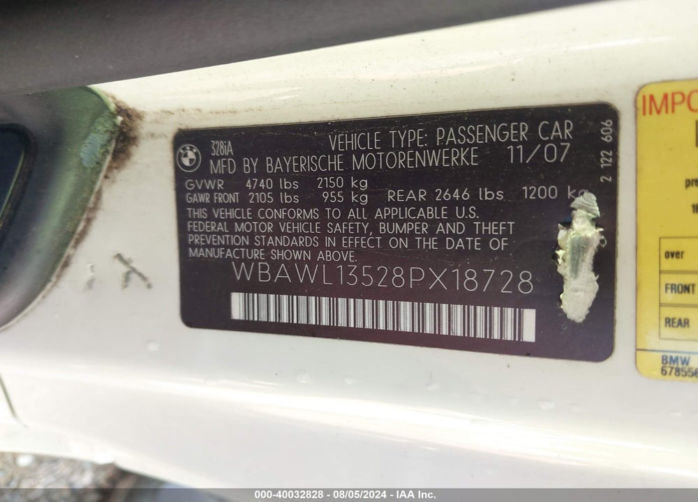 2008 BMW 328I VIN: WBAWL13528PX18728