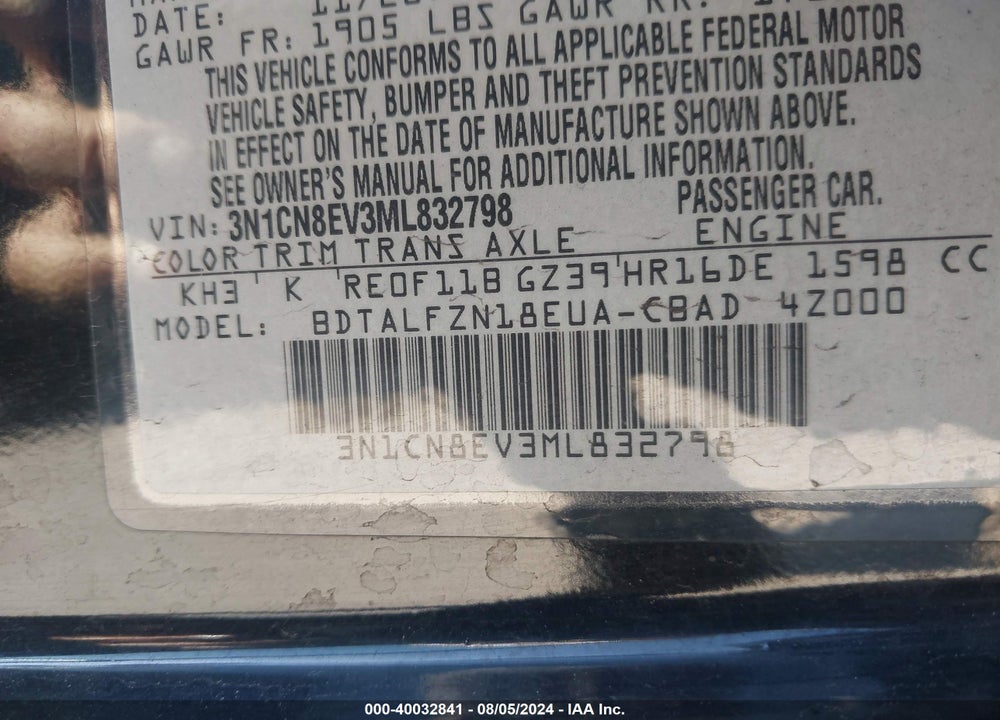 2021 NISSAN VERSA SV XTRONIC CVT VIN: 3N1CN8EV3ML832798