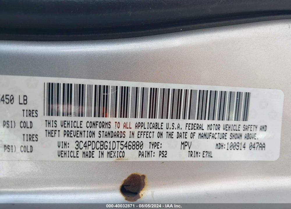 2013 DODGE JOURNEY SXT VIN: 3C4PDCBG1DT546880