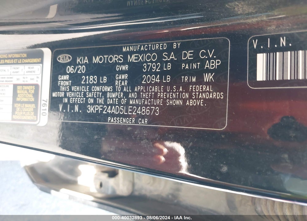 2020 KIA FORTE LXS VIN: 3KPF24AD5LE248673