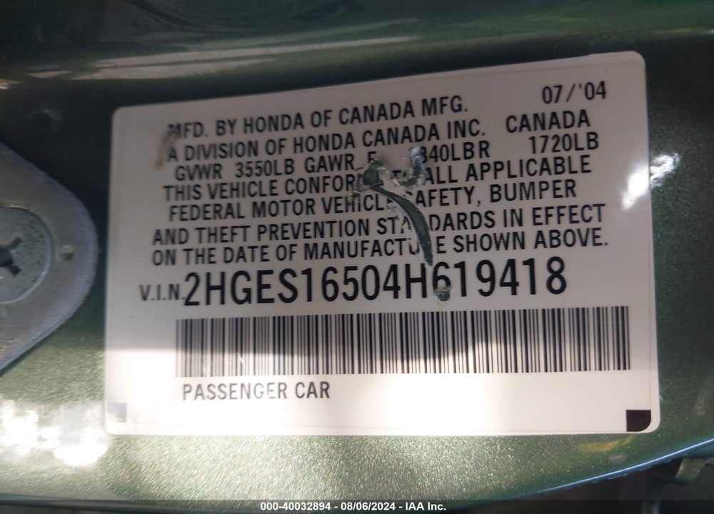 2004 HONDA CIVIC LX VIN: 2HGES16504H619418