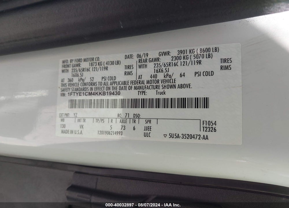 2019 FORD TRANSIT-150 VIN: 1FTYE1CM4KKB19430