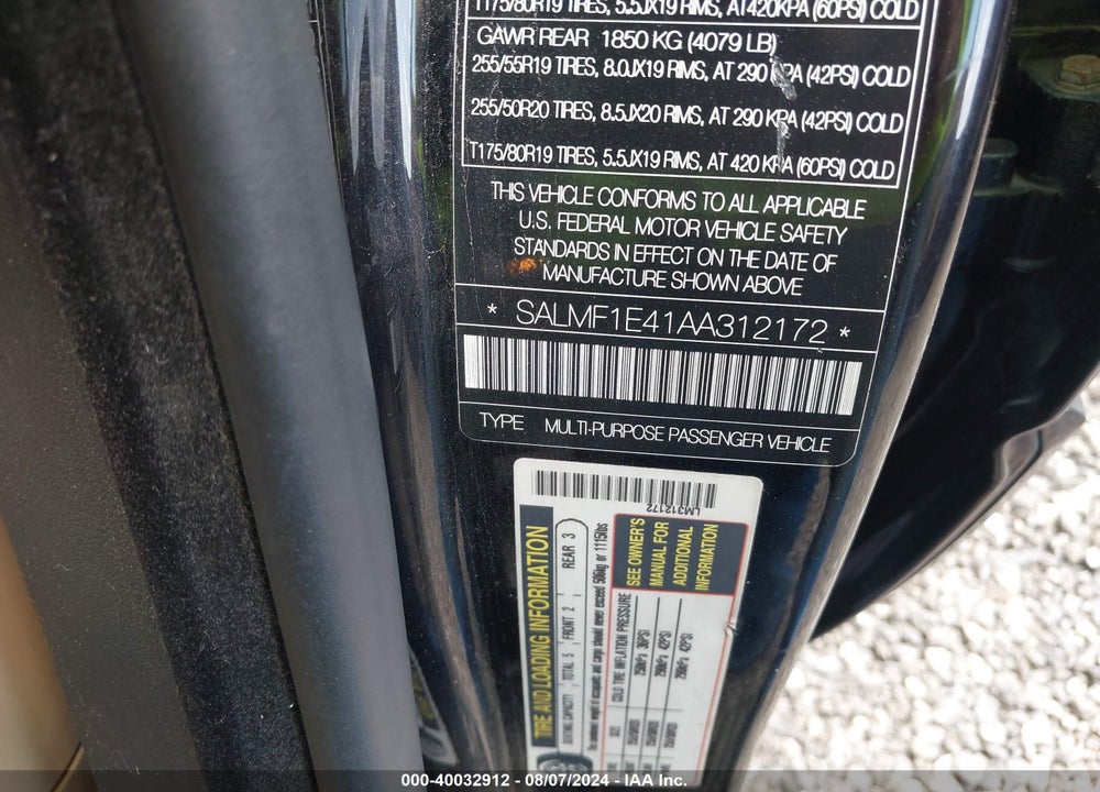 2010 LAND ROVER RANGE ROVER SUPERCHARGED VIN: SALMF1E41AA312172