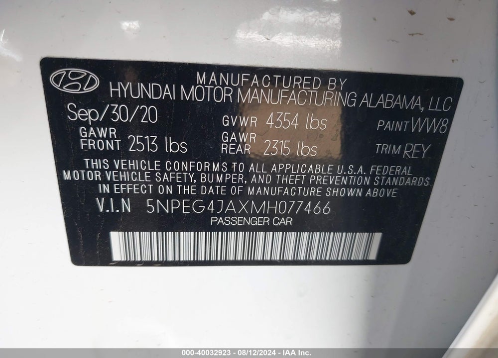 2021 HYUNDAI SONATA SE VIN: 5NPEG4JAXMH077466
