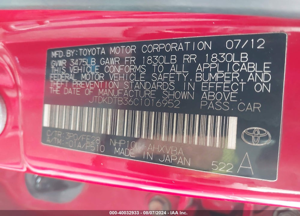 2012 TOYOTA PRIUS C ONE VIN: JTDKDTB36C1016952