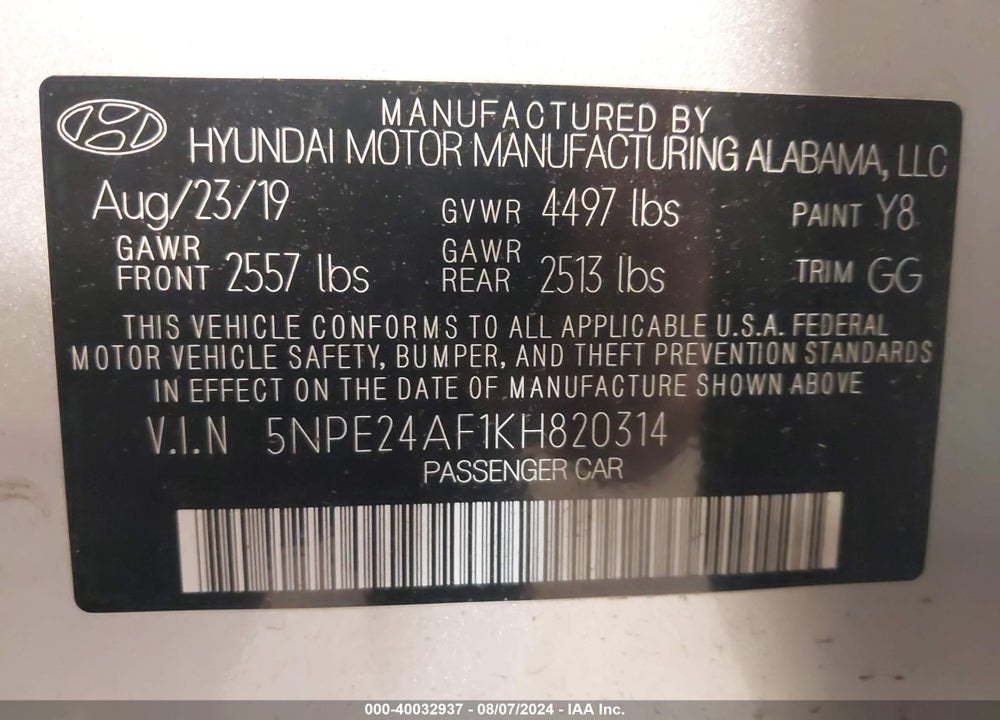 2019 HYUNDAI SONATA SE VIN: 5NPE24AF1KH820314