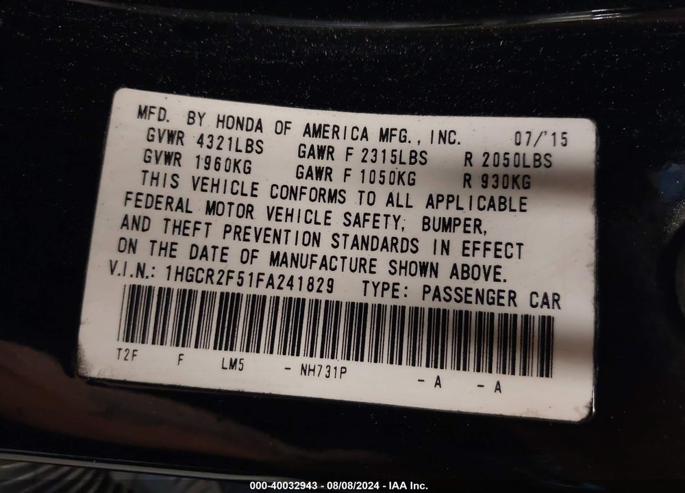 2015 HONDA ACCORD SPORT VIN: 1HGCR2F51FA241829