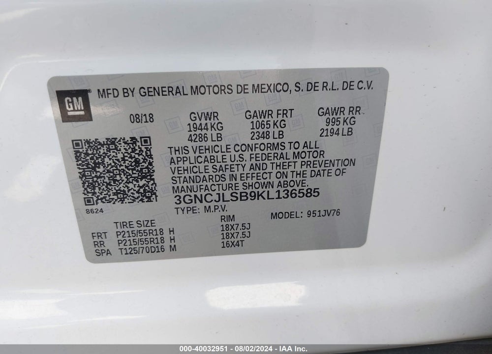 2019 CHEVROLET TRAX LT VIN: 3GNCJLSB9KL136585