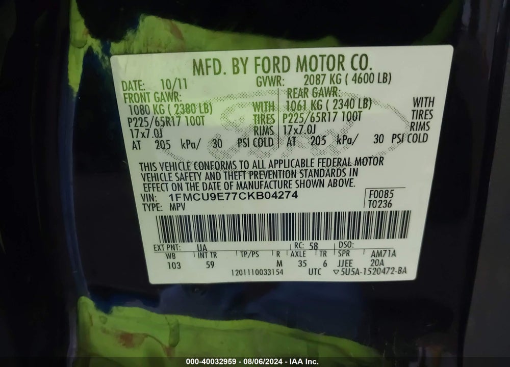 2012 FORD ESCAPE VIN: 1FMCU9E77CKB04274