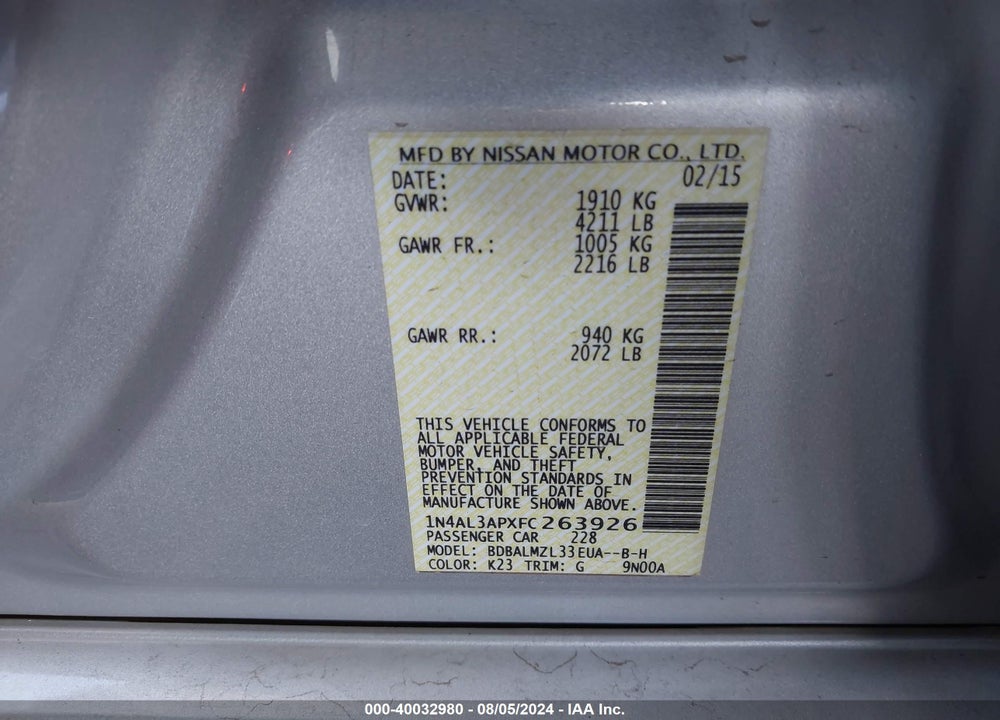 2015 NISSAN ALTIMA 2.5 SV VIN: 1N4AL3APXFC263926