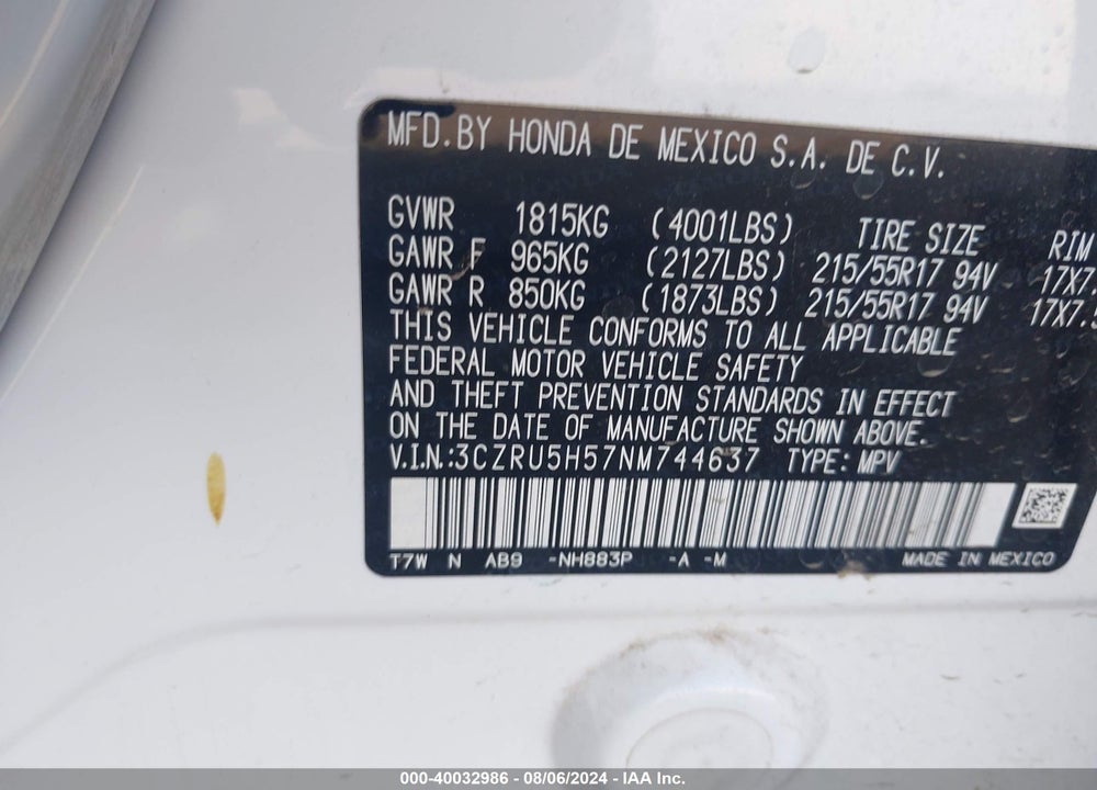 2022 HONDA HR-V 2WD EX VIN: 3CZRU5H57NM744637