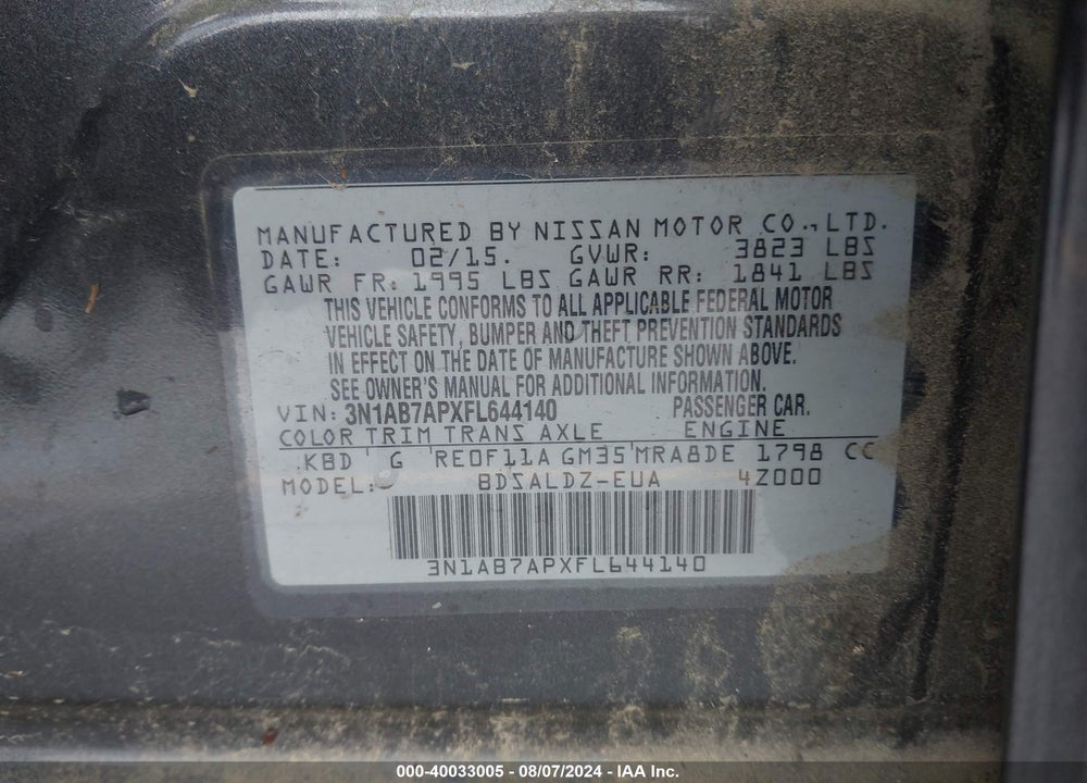 2015 NISSAN SENTRA SV VIN: 3N1AB7APXFL644140