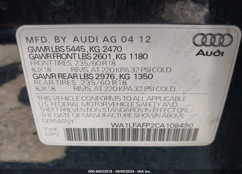 2012 AUDI Q5 2.0T PREMIUM VIN: WA1LFAFP2CA108490