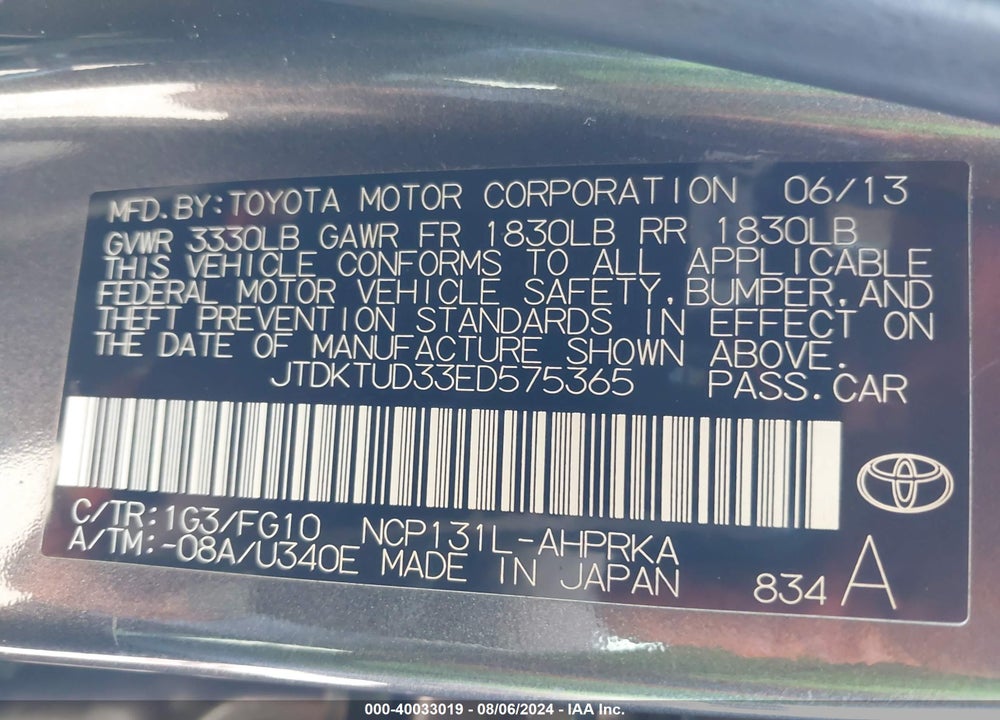 2014 TOYOTA YARIS LE (TMC/CBU PLANT) VIN: JTDKTUD33ED575365