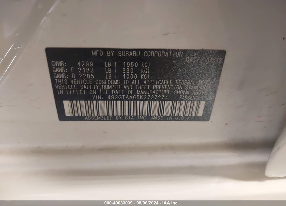 2019 SUBARU IMPREZA 2.0I VIN: 4S3GTAA65K3737274
