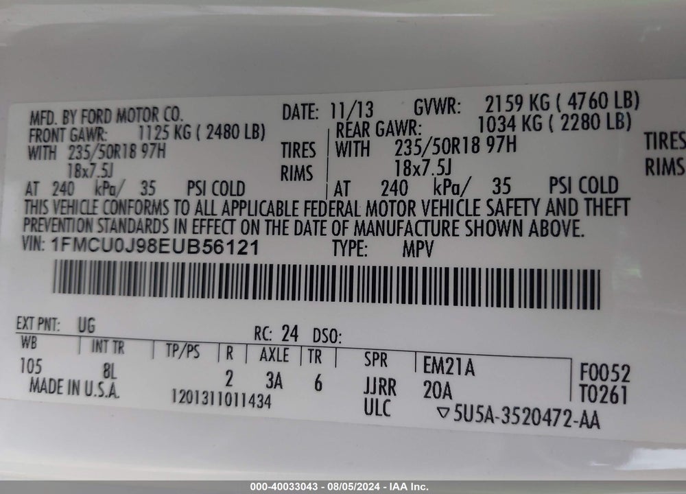 2014 FORD ESCAPE TITANIUM VIN: 1FMCU0J98EUB56121