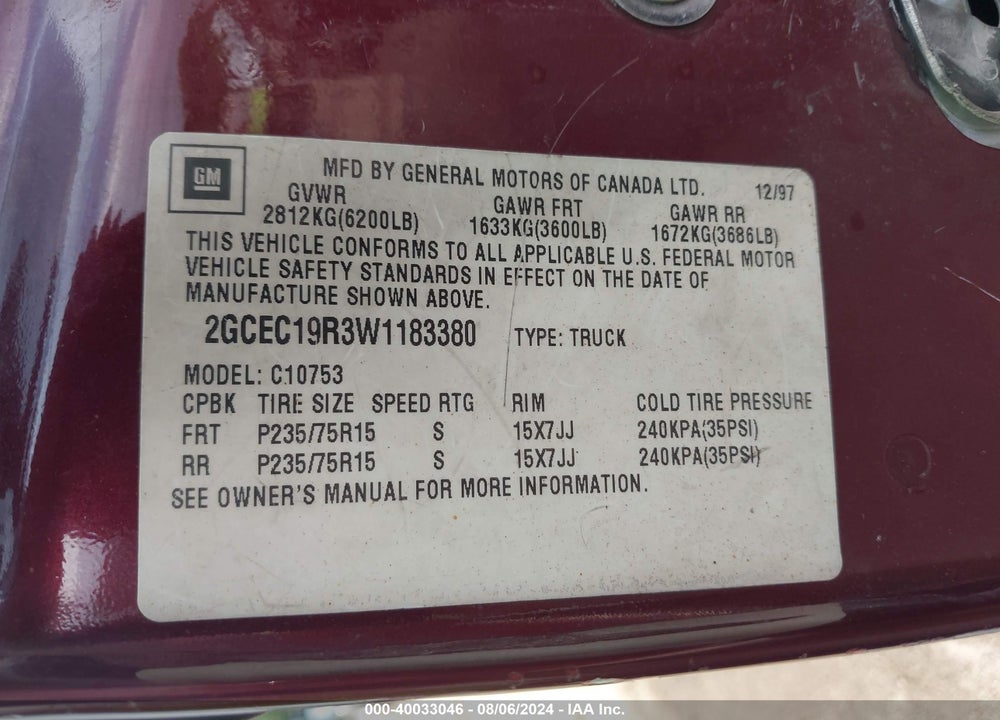 1998 CHEVROLET C1500 FLEETSIDE VIN: 2GCEC19R3W1183380