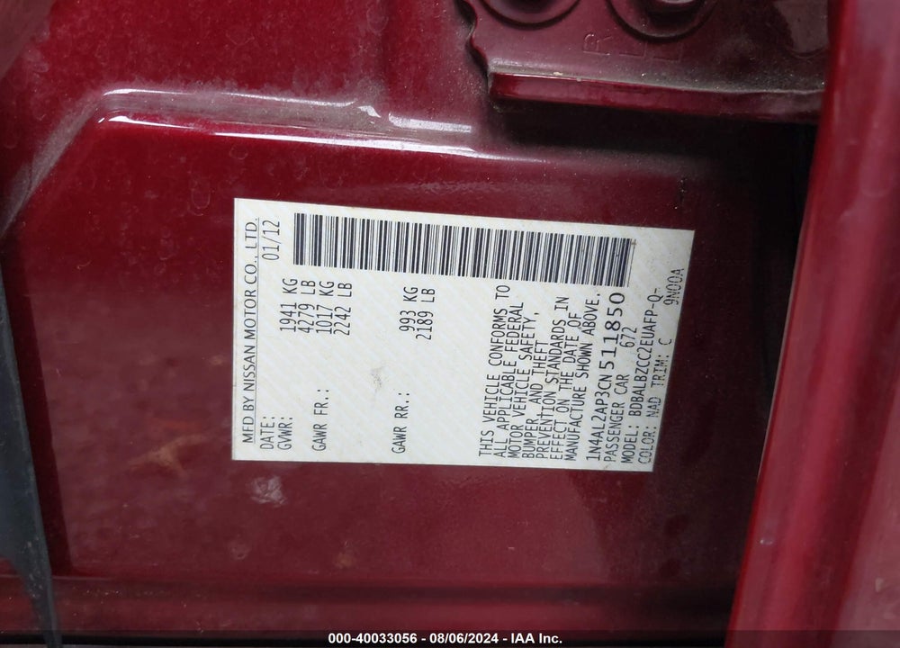 2012 NISSAN ALTIMA 2.5 S VIN: 1N4AL2AP3CN511850