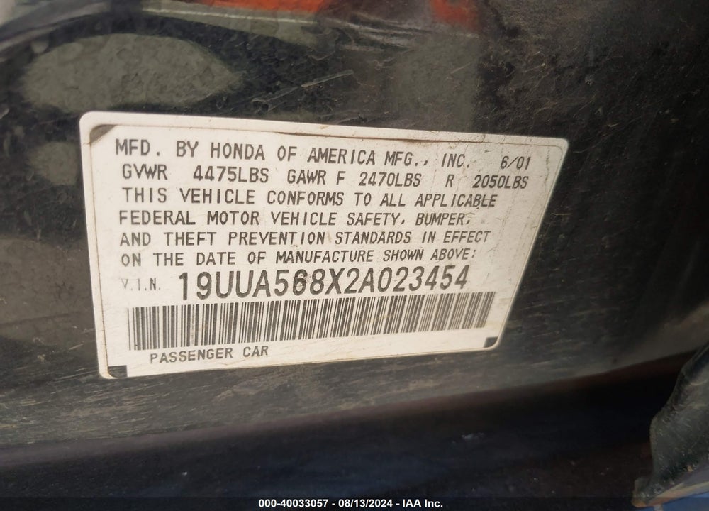 2002 ACURA TL 3.2 TYPE S VIN: 19UUA568X2A023454