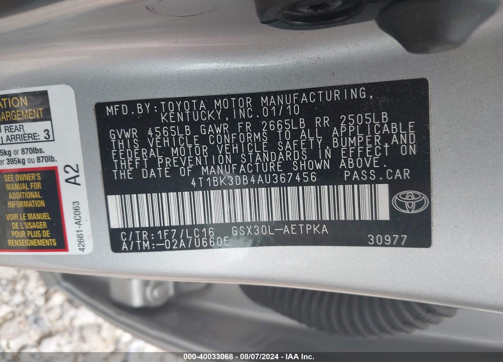 2010 TOYOTA AVALON LIMITED VIN: 4T1BK3DB4AU367456