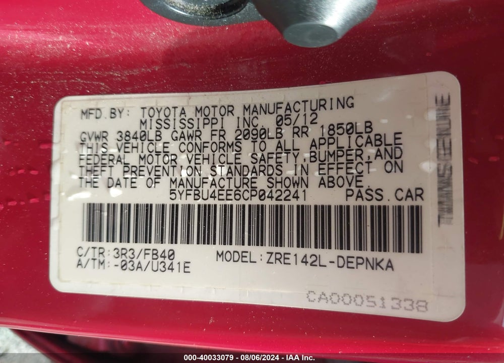 2012 TOYOTA COROLLA LE VIN: 5YFBU4EE6CP042241