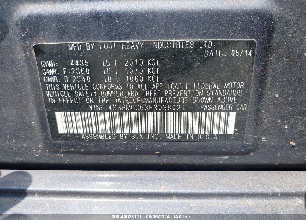 2014 SUBARU LEGACY 2.5I PREMIUM VIN: 4S3BMCC63E3038021