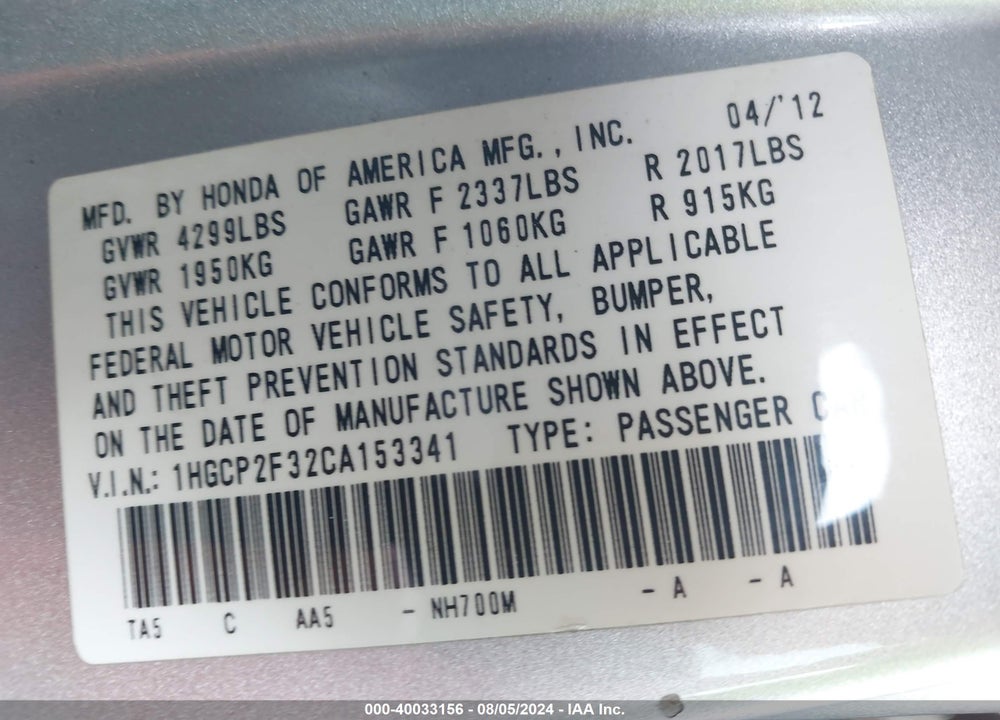 2012 HONDA ACCORD 2.4 LX VIN: 1HGCP2F32CA153341