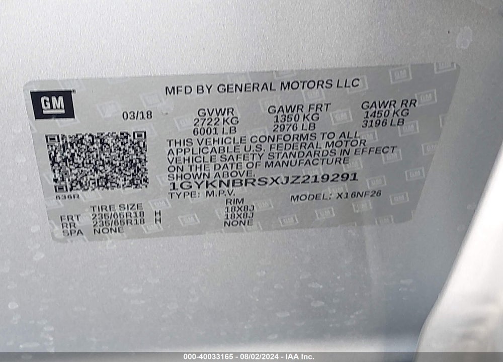 2018 CADILLAC XT5 STANDARD VIN: 1GYKNBRSXJZ219291
