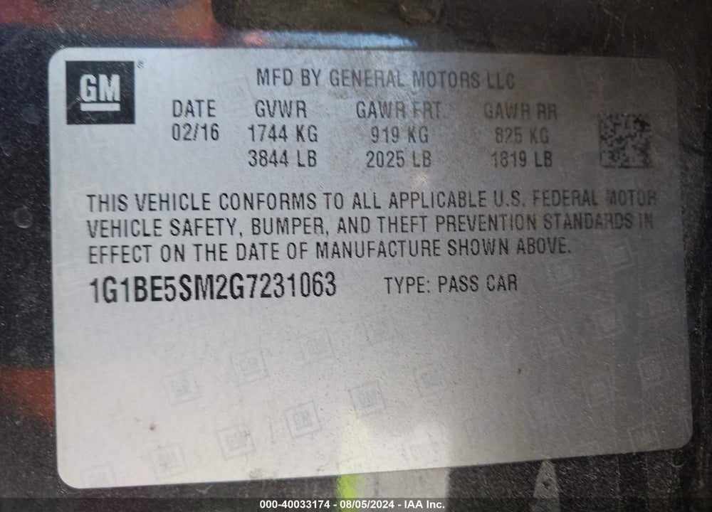 2016 CHEVROLET CRUZE LT AUTO VIN: 1G1BE5SM2G7231063