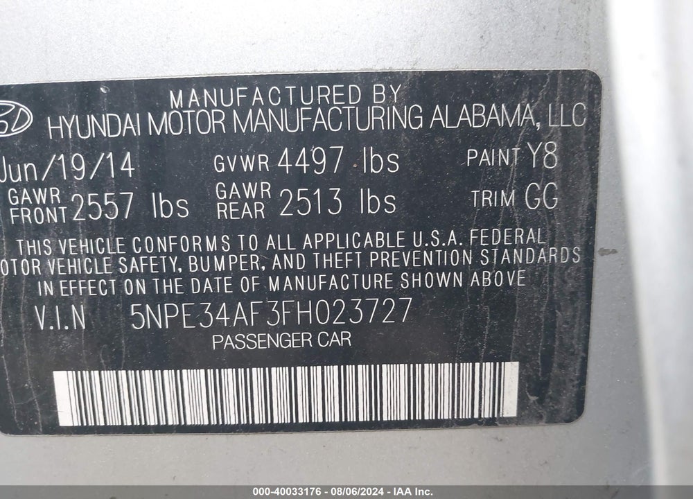 2015 HYUNDAI SONATA LIMITED VIN: 5NPE34AF3FH023727