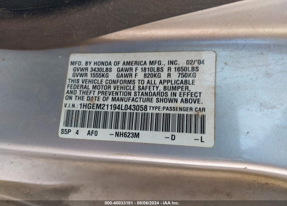 2004 HONDA CIVIC VP VIN: 1HGEM21194L043058