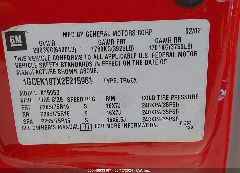 2002 CHEVROLET SILVERADO 1500 VIN: 1GCEK19TX2E215961