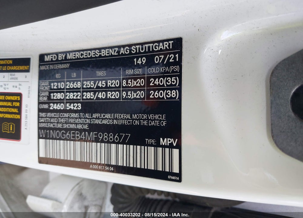 2021 MERCEDES-BENZ AMG GLC 43 4MATIC VIN: W1N0G6EB4MF988677
