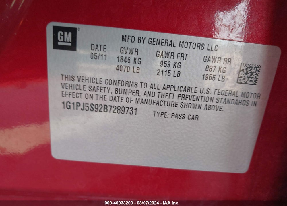2011 CHEVROLET CRUZE ECO VIN: 1G1PJ5S92B7289731