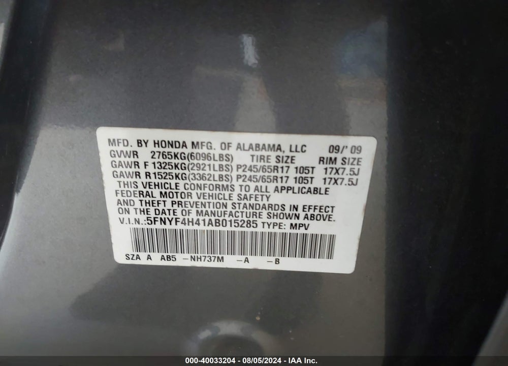 2010 HONDA PILOT EX VIN: 5FNYF4H41AB015285