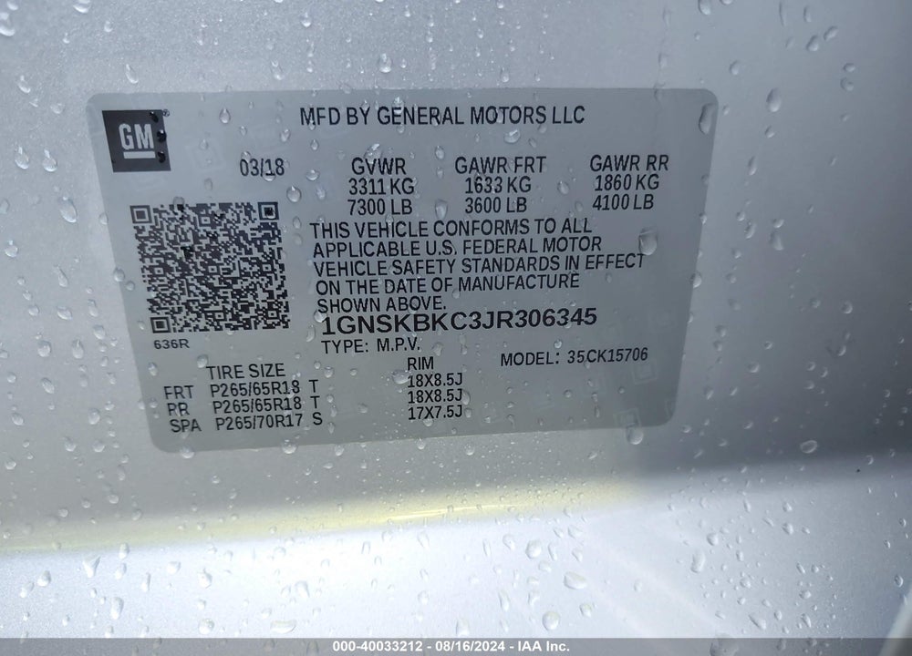 2018 CHEVROLET TAHOE LT VIN: 1GNSKBKC3JR306345