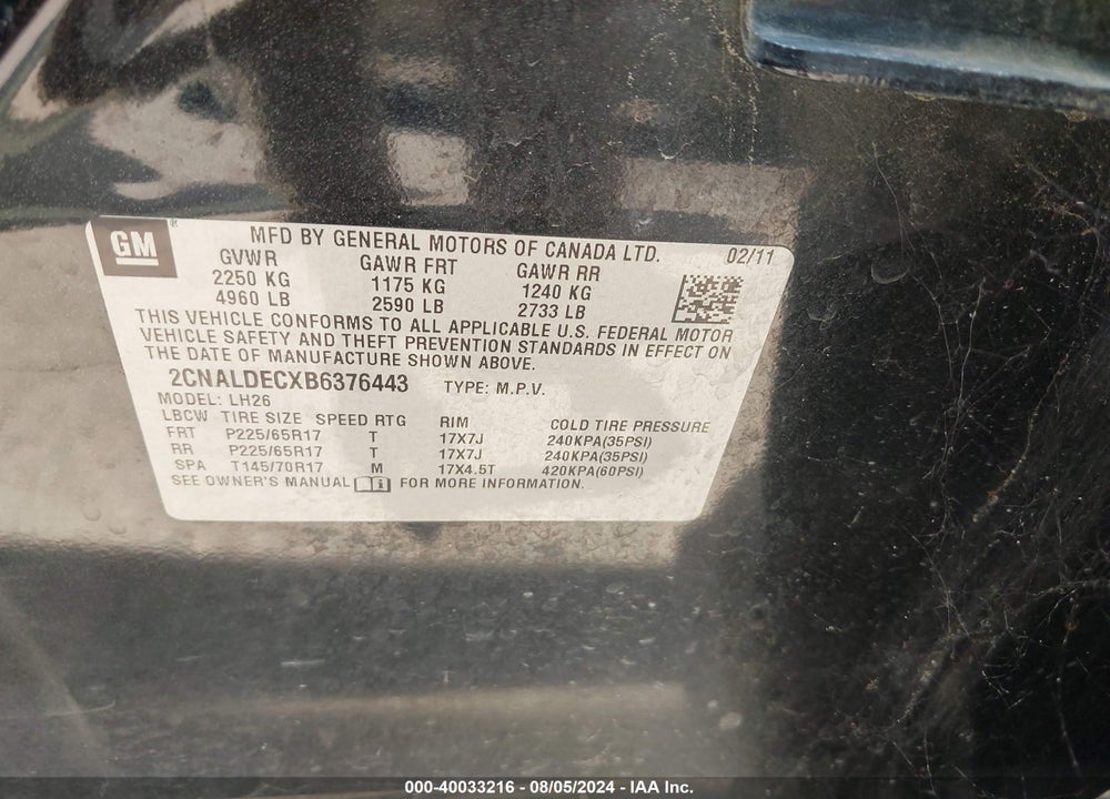 2011 CHEVROLET EQUINOX 1LT VIN: 2CNALDECXB6376443