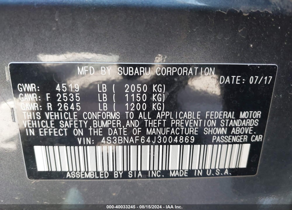2018 SUBARU LEGACY 2.5I PREMIUM VIN: 4S3BNAF64J3004869