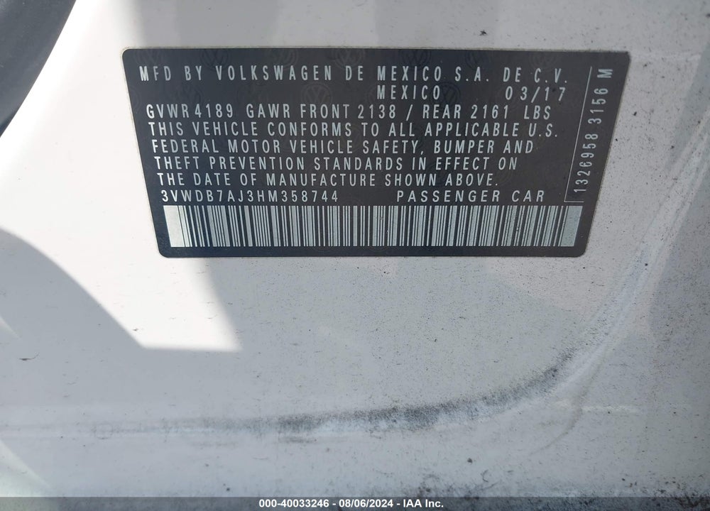 2017 VOLKSWAGEN JETTA 1.4T SE VIN: 3VWDB7AJ3HM358744