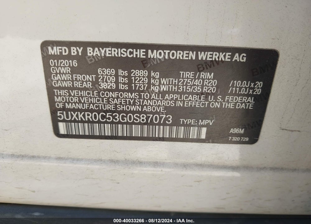 2016 BMW X5 XDRIVE35I VIN: 5UXKR0C53G0S87073