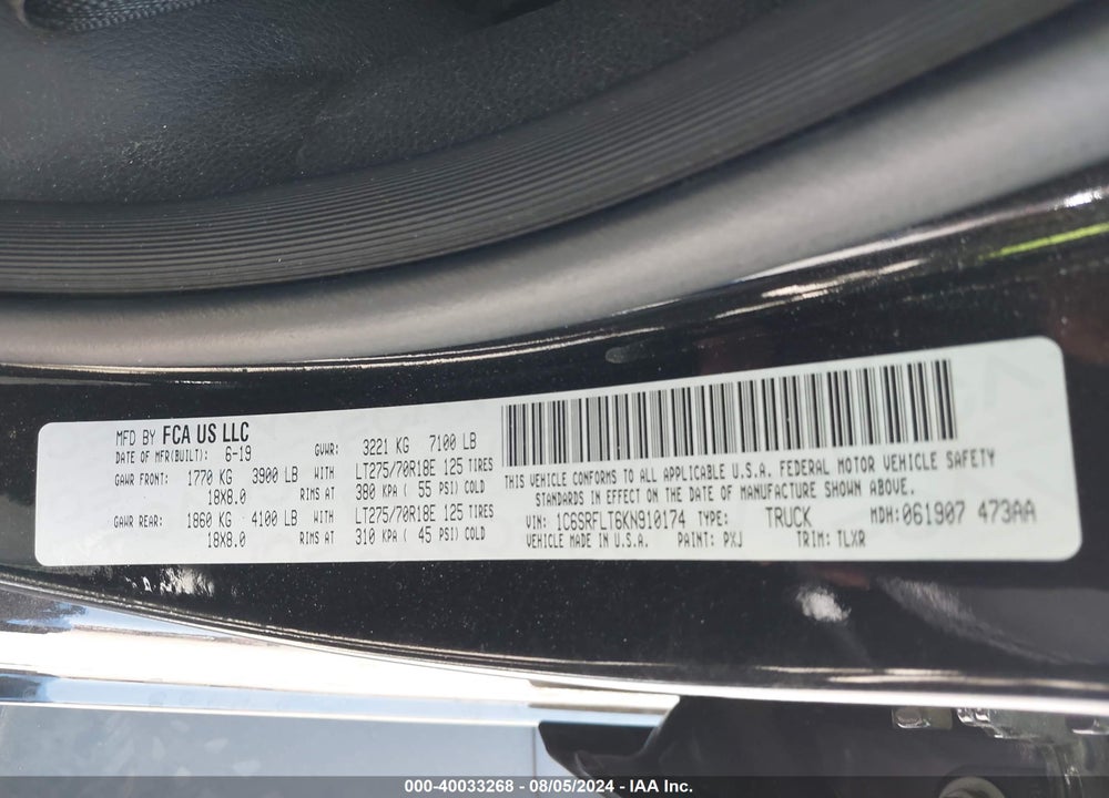 2019 RAM 1500 REBEL 4X4 5'7 BOX VIN: 1C6SRFLT6KN910174